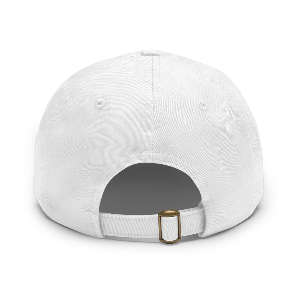 White cap with a black patch 