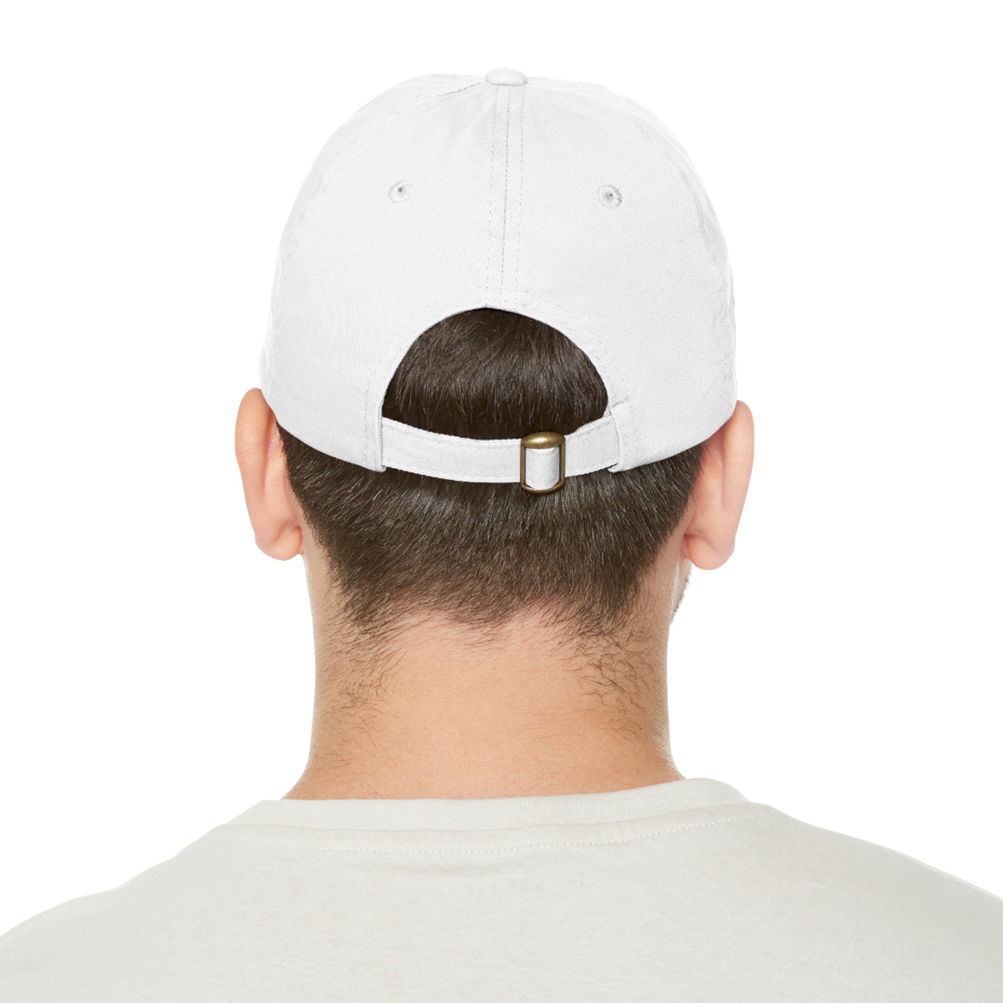 White cap with a black patch 