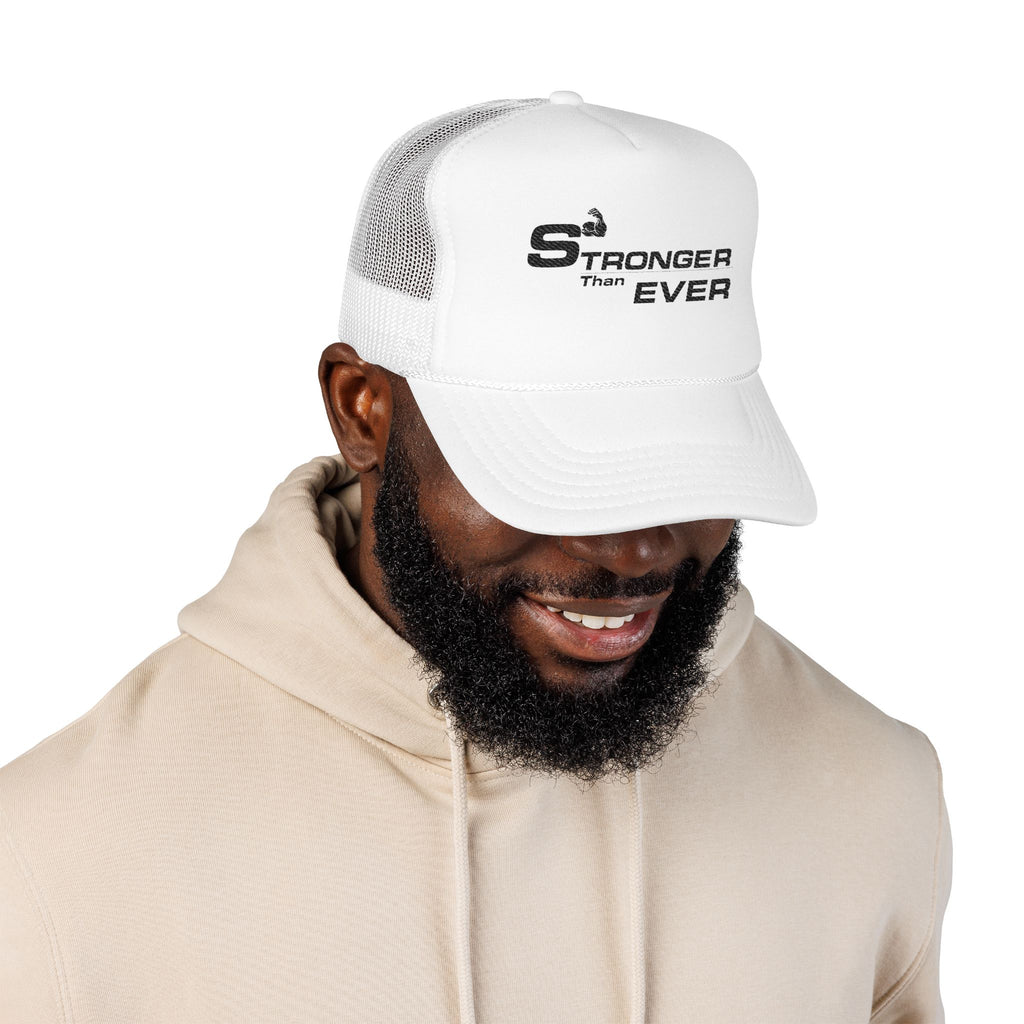 Stronger Than Ever – Premium White Trucker Cap for Gym & Streetwear