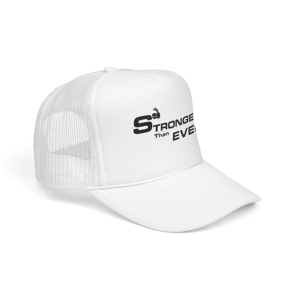 Stronger Than Ever – Premium White Trucker Cap for Gym & Streetwear