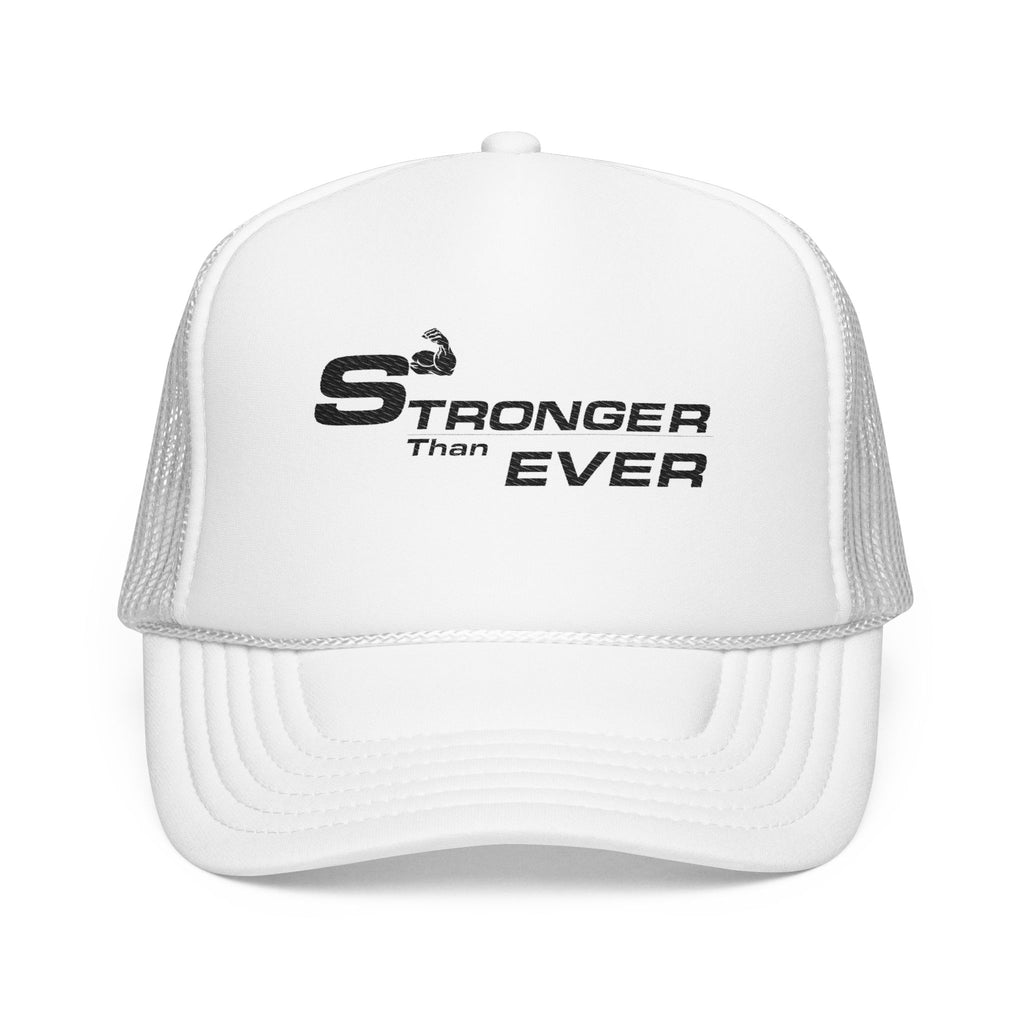 Stronger Than Ever – Premium White Trucker Cap for Gym & Streetwear
